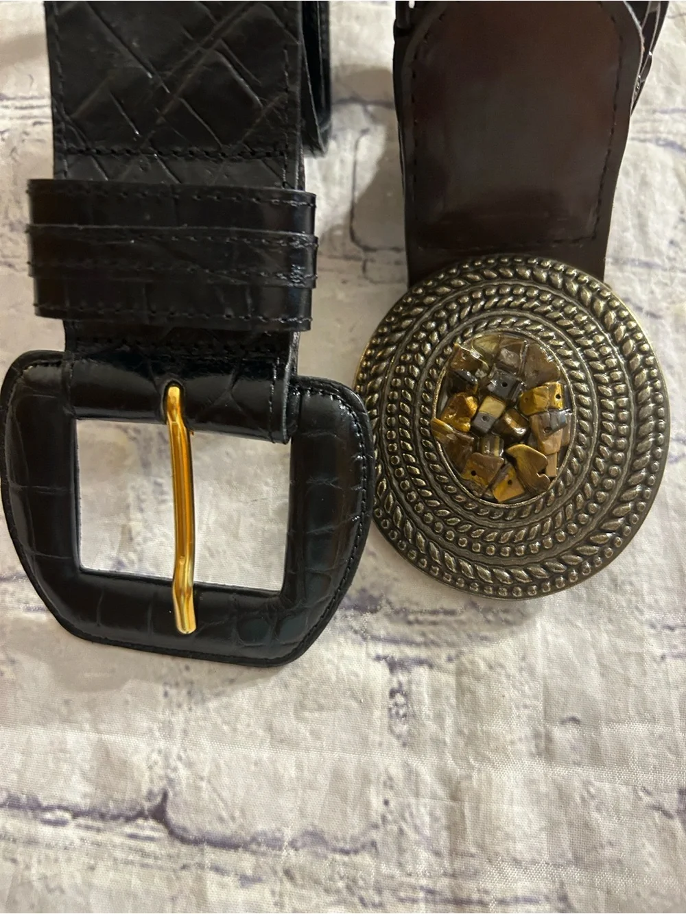 PATRICIA GREEN BLACK WIDE CROC COVER BUCKLE & BROWN EMBELLISHED BUCKLE BOHO BELT